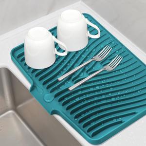 Dish Drying Mat for Kitchen Counter, with Built-in Drain Lip, Food-Grade Silicone, Easy Clean Pad for Countertop Protection, Multi-Functional Use (18x11.8, Green)