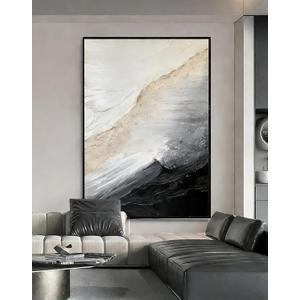 3D Textured White and Black Seascape Wall Art For Entryways, Large Framed Impasto Abstract Oil Painting for Living Room, Neutral Tone Wabi-Sabi Minimalist Wall Decor for Office/ Bedroom 28x40 inches