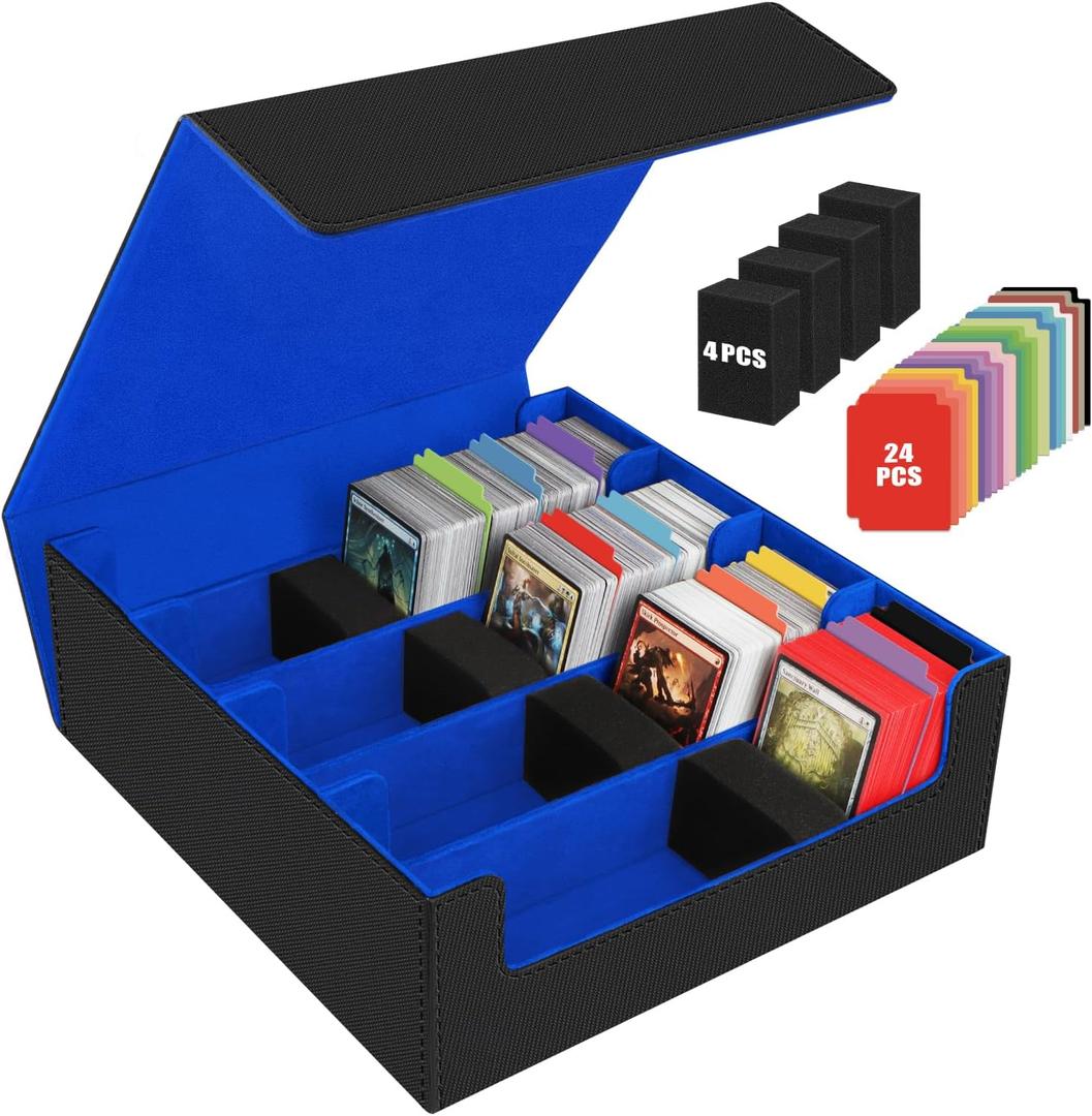 AOBOPLE Trading Card Storage Box,3200+ Card Box Storage with 24 Dividers and 4 Foam Supporters PU Leather Magnetic Cards Deck Case for MTG,TCG, Magic and Sport Cards,Great Gift for Card Collectors (3200+Black Blue)