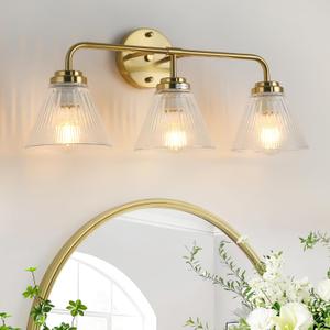 Modern Gold Bathroom Vanity Light, 3-Light Wall Sconce with Clear Ribbed Glass Shades, Farmhouse Industrial Light Fixture for Bathroom, Vanity Mirror, Powder Room, Hallway