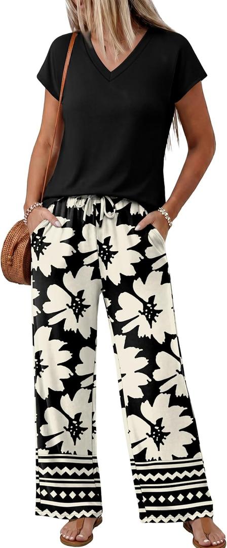 WIHOLL 2 Piece Sets for Women Summer Spring Vacation Outfits Lounge Sets Resort Wear 2026 Travel Fashion Matching Clothing (Medium, Black Boho Floral)