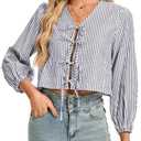 LUXEBOLD Womens Tops Cute Tie Front Striped Blouses Dressy Casual V Neck Shirts Long Sleeve Crop Tops Summer Black L (L)