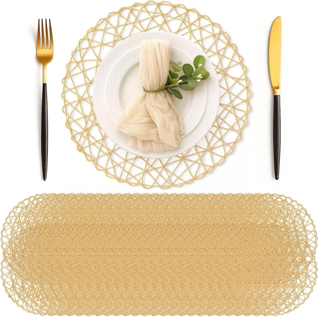Geosar Round Woven Placemats Bulk Rustic Paper Braided Placemats Boho Natural Non slip Heat Resistant Table Mats for Wedding Party, Dinner Table Centerpiece Decoration, 13 Inch (White Beige,24 Pcs)