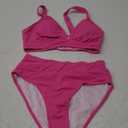 Sexy Ribbed Bikini Set 2 Piece Womens High Waisted V-Cut Cheeky High Leg Tummy Control Longline Swimsuit (Small, Rose)