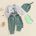 Newborn Infant Baby Boy Outfit Little Brother Romper Infant Letter Print Dinosaur Clothes Drawstring Pants Hat (Gray-Dinosaur, 3-6 Months)
