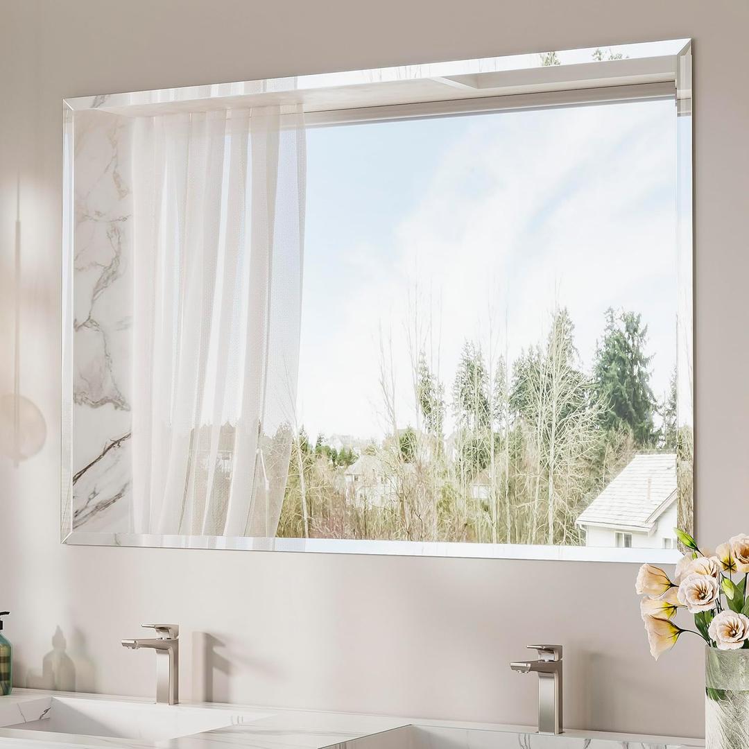 Keonjinn Beveled Bathroom Mirror 55 x 36, Rectangle Mirrors for Bathroom Sink, Large Wall Mirror,Shatterproof, Modern Decorative for Living Room, Entryway, Bedroom, Horizontal/Vertical