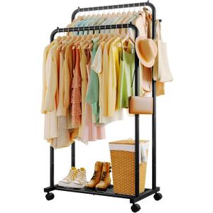 Double Rod Clothes Rack Mesh Shelf & Hooks, 28.7x16.5x59.1, Black