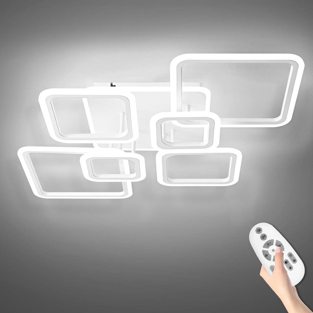 Modern Ceiling Light, 36.2'' LED Dimmable Acrylic Square 6+1 Rings Ceiling Lights with Remote, White Flush Mount Ceiling Light Fixture for Low Ceiling Bedroom Living Room Dining Room, 130W