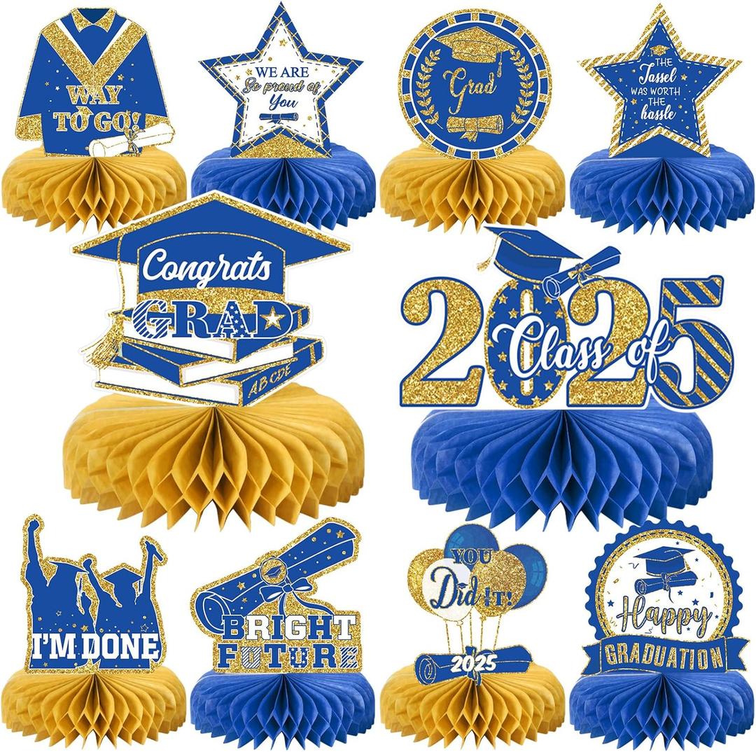 10PCS Graduation Party Decorations Class of 2025 Congrats Grad Table Centerpieces Congratulate Graduation Honeycomb Table Toppers for Graduation Party Supplies(Blue Gold)