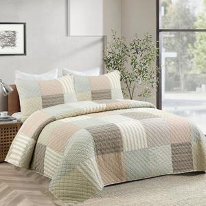 Cozy Line Home Fashions Earth Tone Brown Tan Beige Stripe Checker Patchwork Cotton Reversible 3 Piece Quilt Bedding Set (King)