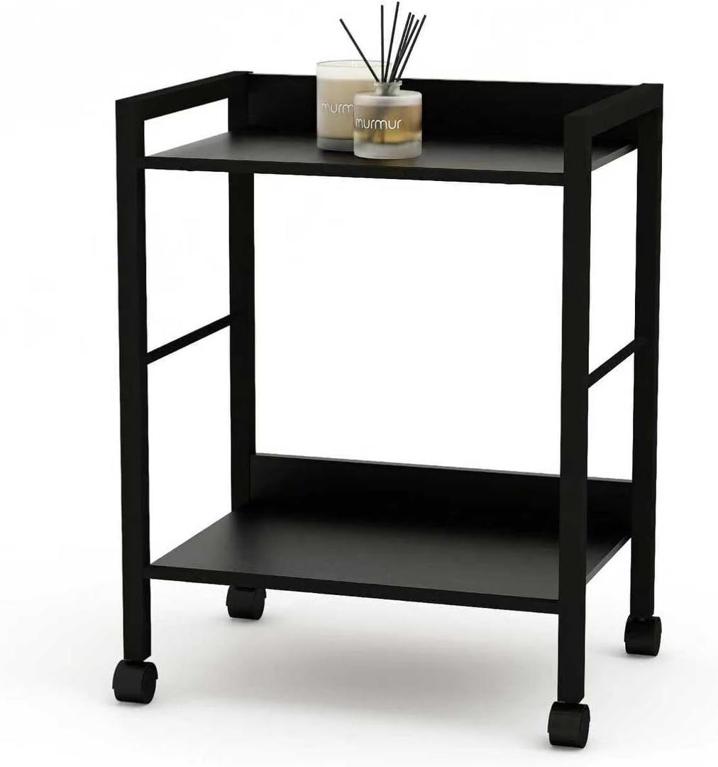 2-Tier Rolling Utility Cart with Rustic Black Shelves and Black Metal Frame, Industrial Mobile Storage Trolley on Wheels for Kitchen, Office, Bathroom, Living Room