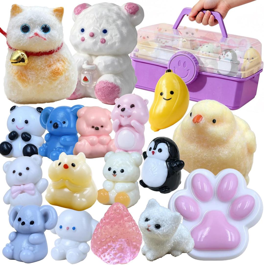 6 x Squishy Toys Set Storage Box - Kawaii Cute Mochi Taba Squishies Slow Rising, Stress Relief Fidget Pack Kids Adults, Includes Orange Cat, Chicken, Paw, Milk Bear Squeeze Toys Set