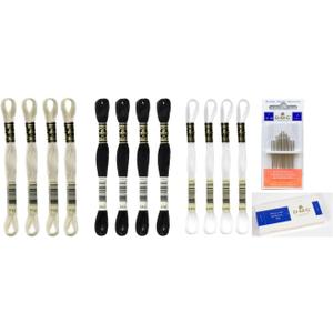 DMC Embroidery Floss Mouline Special Black (310), Cream(712), White(Blanc) -3 Colors Thread Bundle with DMC Embroidery Hand Needles 3-9, INCELER Supplies
