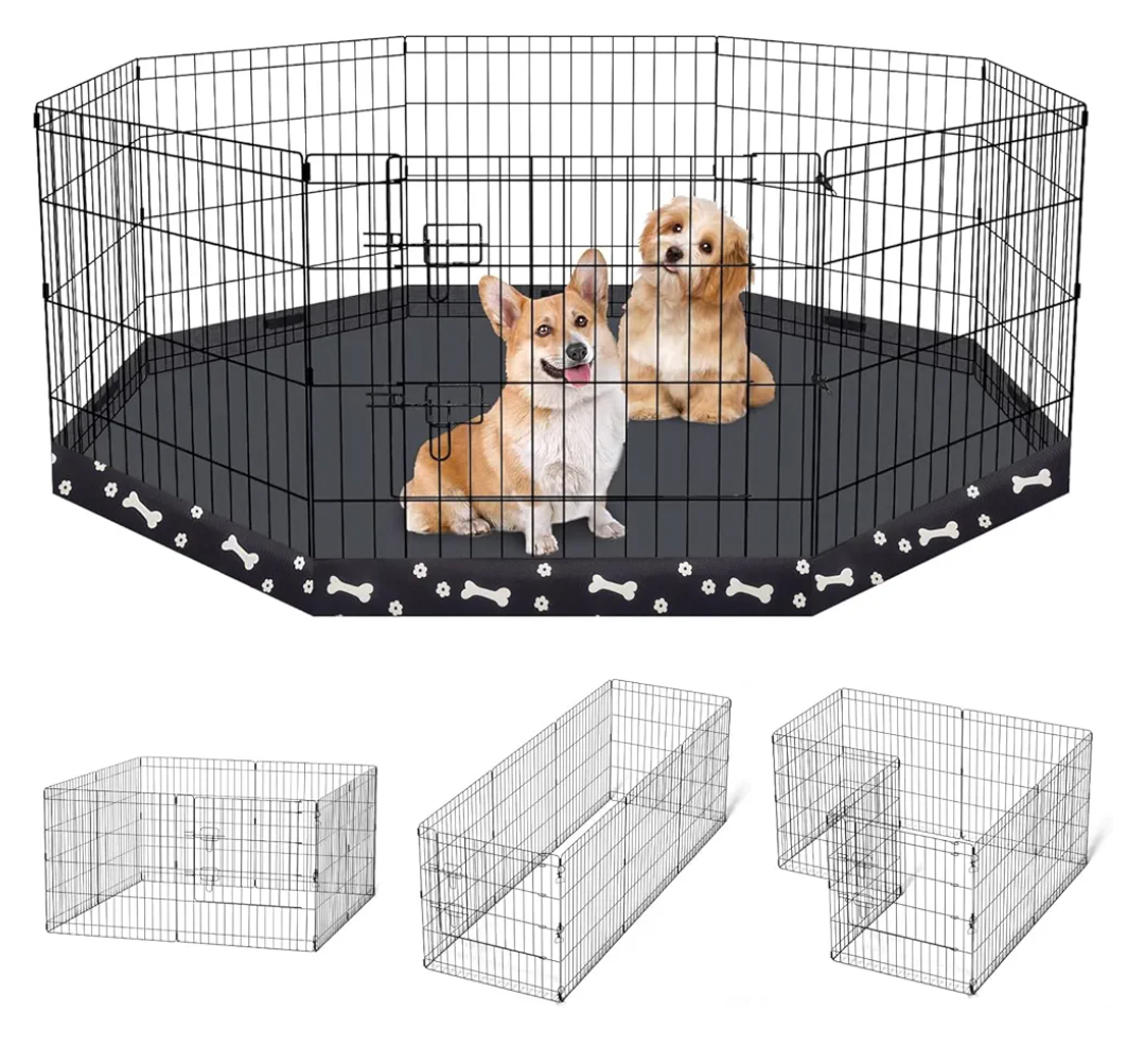 Dog Pen Pet Playpen Dog Fence Indoor Foldable Metal Wire Exercise Puppy Play Yard Pet Enclosure Indoor Outdoor 8 Panels 24 Inch with Bottom Pad (Bottom Cover Fence with Printing)