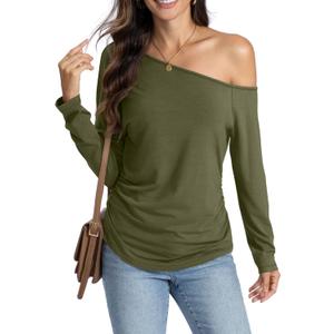Womens Off Shoulder Side Ruched Shirt Long Sleeve Casual Boat Neck Tee Loose Fit Y2K Going Out Top Fall Blouse (Medium, Army Green)