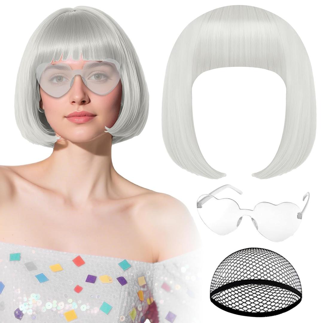 PLULON Light Gray Bob Wig with Heart Sunglasses and Hair Cap for Women, Short Bob Wigs Synthetic Colored Funny Cosplay Hairpieces for Women Men Neon Bachelorette Halloween Costume Party Decorations