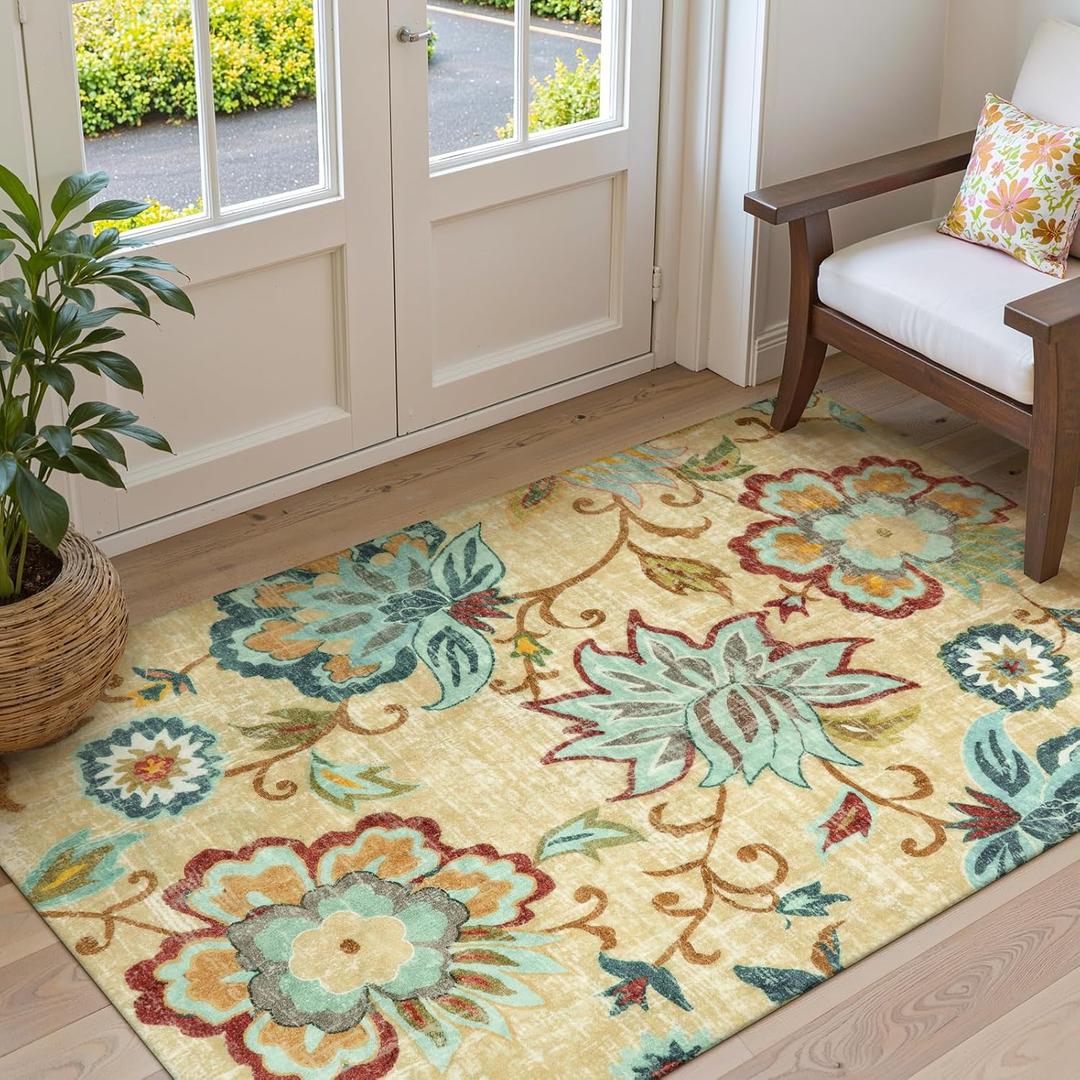 Lahome Floral Living Room Rug - 3x5 Area Rugs for Bedroom Machine Washable Non-Slip Throw Kitchen Entryway Rug Soft Beige Paisley Print Distressed Capet for Office Laundry Room Dining Room Bathroom