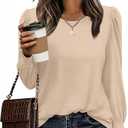 Blouses for Women Casual Puff Long Sleeve Shirts Fall Crew Neck Knit Textured Tunic Tops with Smocked Cuffs Beige XL