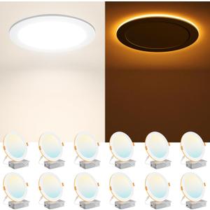 Amico 12 Pack 8 Inch 5CCT LED Recessed Ceiling Light with Night Light, 2700K/3000K/3500K/4000K/5000K Selectable Ultra-Thin Recessed Lighting, 18W=120W, 1600LM, Dimmable Canless Wafer Downlight ETL&FCC (White)