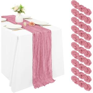 10 Pack Cheesecloth Table Runner 20 x 120 inch Long Boho Gauze Table Runners 10FT Semi Sheer Table Runner for Wedding Decor, Baby Shower, Birthday Party, Banquet (Dusty Rose)