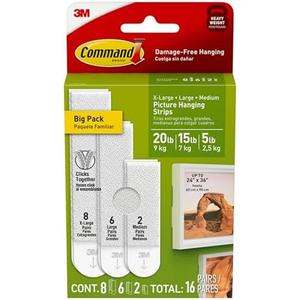 Command Picture Hanging Strips Variety Pack, Damage Free Hanging Picture Hangers, No Tools Wall for Living Spaces, White, 2 Medium Pairs, 6 Pairs and 8 Extra Large Pairs And Mickey Mouse Stickers