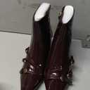 Coutgo Womens Buckle Strap Ankle Booties Kitten Low Heel Pointed Toe Y2K Boots Side Zipper Fall Shoes, Burgundy, Size 7