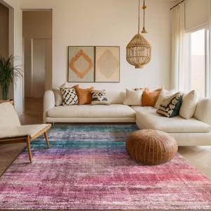 Kokia Abstract Area Rugs 8x10 Bedroom Soft Living Room Rugs Washable Distressed Vintage Comfy Red Carpet with Non-Slip Backing for Farmhouse Home Office Room Decor, Oslo Orchid (Peony/Orchid/Teal/Sky blue)