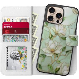 LUHOURI for iPhone 16 Pro Case Wallet - Wireless Charging Compatible Detachable Flip Folio Leather Cover - RFID Blocking 4 Card Slots - Protective Phone Case for Women - Vintage Magnolia Flowers