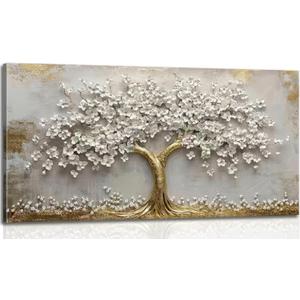 Large Tree of Life Canvas Wall Art Gold and White Flower Big Tree Painting Picture Wall Decor Botanical Floral Poster Print Artwork for Living Room Dining Bedroom, 48"L x 24"W