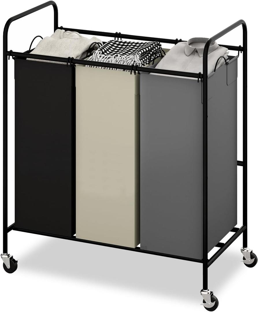 3 Section 3x40L Laundry Sorter Cart, Heavy Duty Laundry Basket with Lockable Wheels, 120L Large Rolling Laundry Hamper with Removable Bags for Dirty Clothes Storage