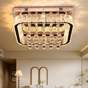 Crystal Chandelier LED Modern Square Crystal Ceiling Light, Raindrop Style Flush Mount Ceiling Fixture for Dining Room, Living Room, Kitchen, Foyer Warm White