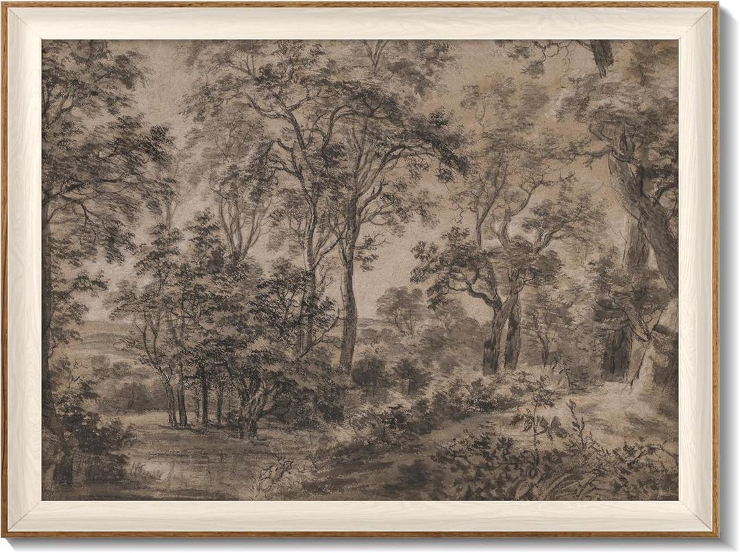 Framed Canvas Wall Art for Living Room Decor, Vintage Neutral Brown Woodland Landscape Painting Farmhouse Canvas Prints Artwork, Antique Wall Pictures Decor for Bedroom Gallery Office, Bathroom Wall Decor - 16x24Inch