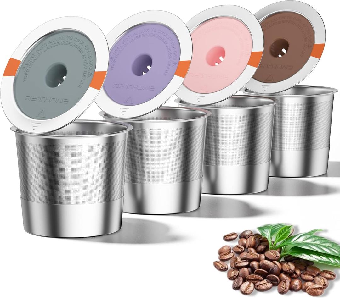 RETHONE K Cup Reusable Coffee Pods, Stainless Steel Reusable K Cups Coffee Filter Compatible with Keurig 1.0 & 2.0 Coffee Makers BPA-Free Refillable Coffee Filters (4 Pack)