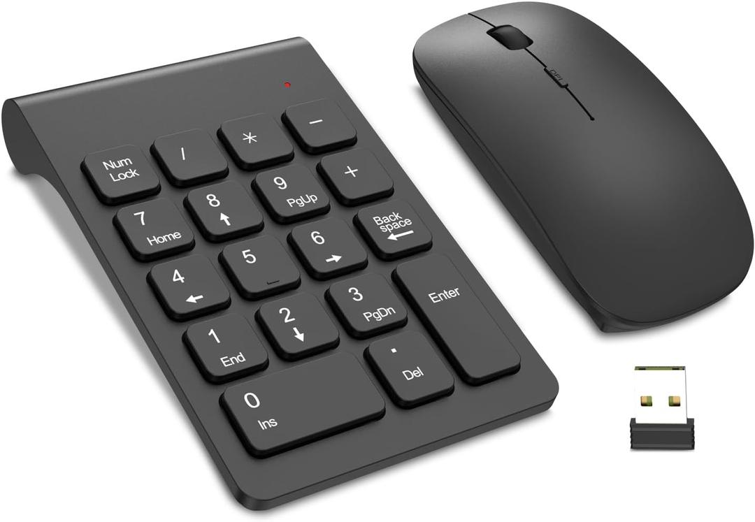 TRELC Wireless Numeric Keypad, Mini 2.4G 18 Keys Number Pad, Portable Silent Financial Accounting Numeric Keypad Keyboard Extensions with Wireless Mouse for Laptop, PC, Desktop, Notebook(Black)
