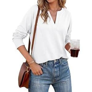 Dokotoo Womens Fall Tops V Neck Long Sleeve Plus Size Tops for Women High Low Blouse Oversized T Shirts for Women White X-Large