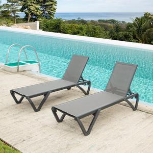 Domi Pool Lounge Chairs, Aluminum Patio Chaise Lounge Set of 2, 5 Position Adjustable Backrest and Wheels, All Weather Outdoor Lounge Chairs for Beach, Yard, Balcony, Poolside, Gray (Grey)