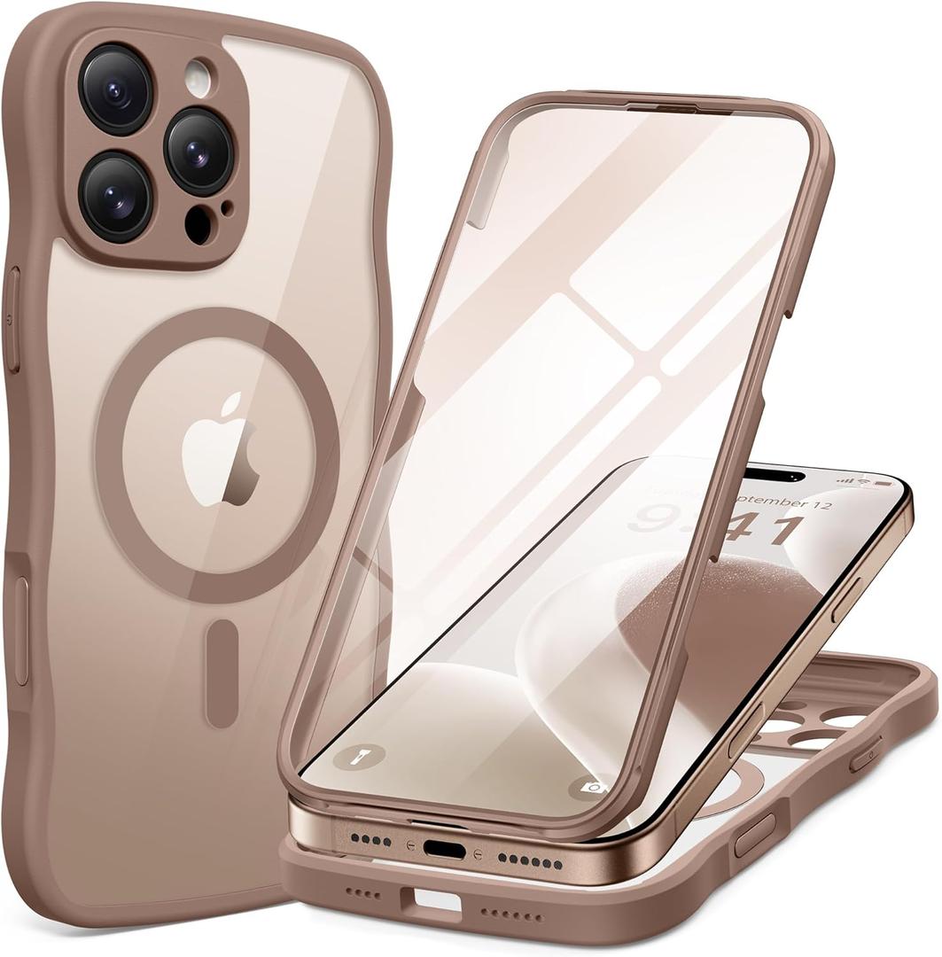 BERFY for iPhone 16 Pro Max Case for Women Girls, [Compatible with MagSafe][Built-in Glass Screen Protector and Camera Protection] Cute Wave Clear Full Body Phone Case for iPhone 16 Pro Max 6.9",Brown