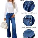 GRAPENT Straight Leg Jeans for Women High Waisted Stretchy Frayed Raw Hem Loose Denim Pants Casual Baggy Jean Trousers (Blue, M)