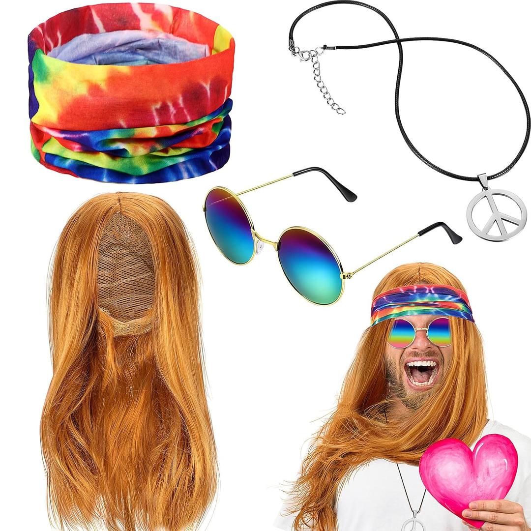 WILLBOND 4 Pieces Hippie Costume Set, Wig Peace Sign Necklace Sunglasses and Tie Dye Headband Pride 60s 70s Accessories(Straight Hair,Golden Brown)