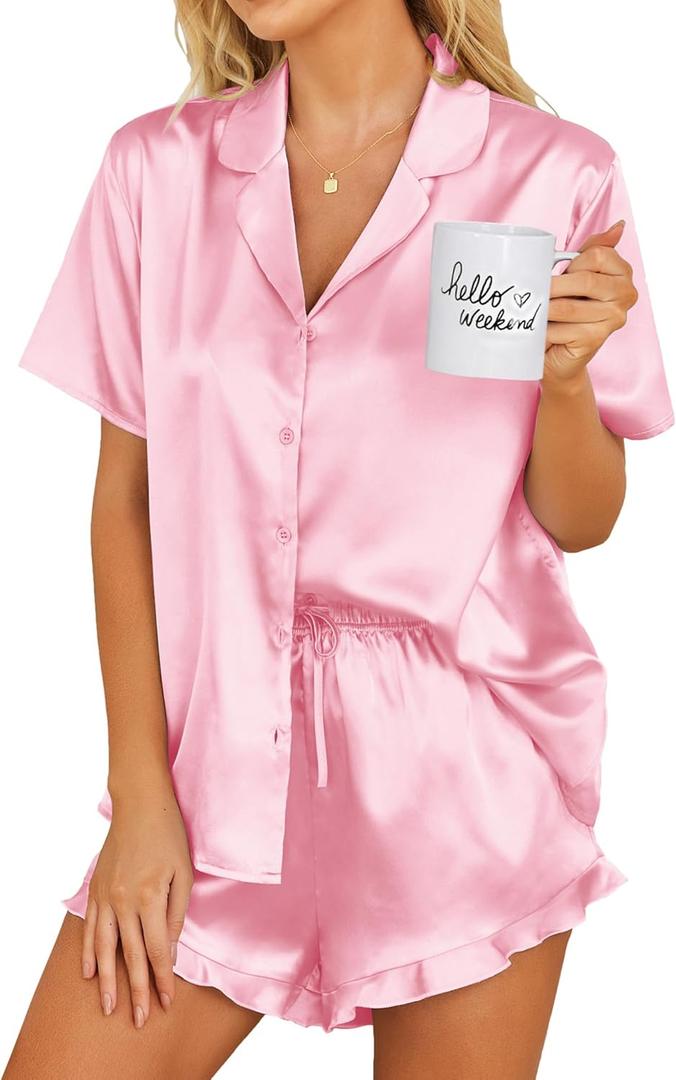Ekouaer Womens Satin Pajamas Set Button Down 2 Piece Silk Pjs Shorts Set Ruffle Lingerie Notch Collar Sleepwear Pink M