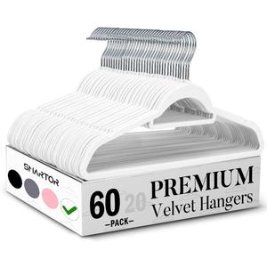 Smartor White Velvet Hangers 60 Pack, Space Saving Clothes Hangers with Tie Bar, Non-Slip Felt Hanger with Shoulder Notches, Heavy Duty Suit Hanger for Coat, Shirt, Pants, Dress