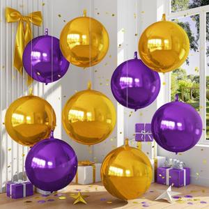9 Pcs Purple Gold Round Foil Balloons Dark Purple Metallic Gold Chrome 4D Ball Balloons 22 In Orbz Mylar Balloon for Graduation Grad Birthday Wedding Anniversary Disco Party Decorations