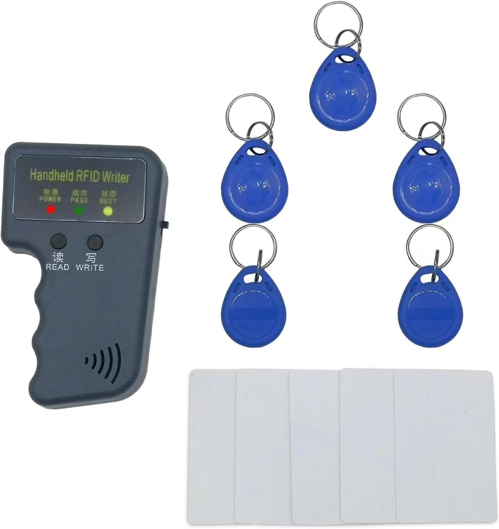 125khz RFID Reader Writer,Handheld RFID Copier,RFID Reader for 125khz Id and Hid Cards (with 5pcs T5577 Key Fob and 5pcs T5577 RFID Cards)