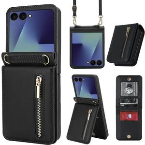 for Samsung Galaxy Z Flip 7 Luxury Zipper Wallet Phone Case, Multi-Function Kickstand Card Holder Adjustable Crossbody Strap, Fashion Flip Case.(Black)
