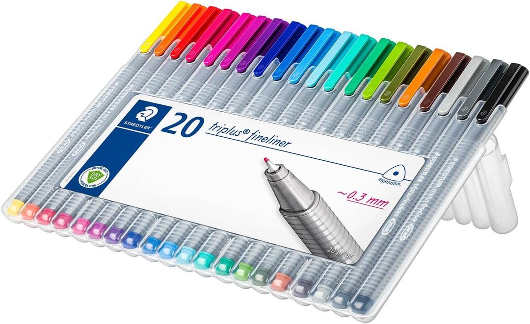 STAEDTLER Triplus Fineliner Pens Set (20 Pack) - 20 Vibrant Colors, 0.3mm Metal-Clad Tip, Ergonomic Triangular Barrel, Standing Easel Case