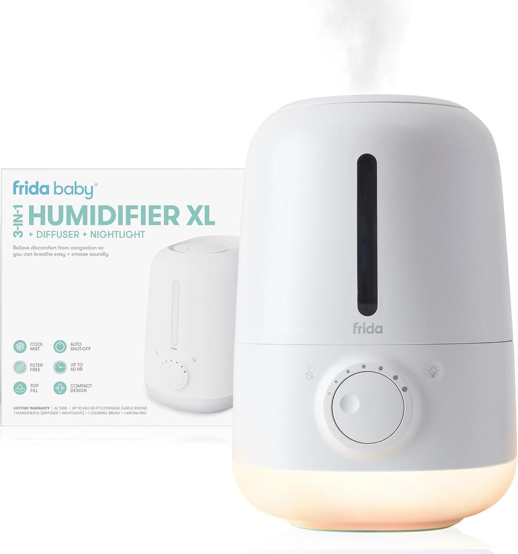 Frida Baby 3-in-1 XL Top Fill Humidifier for Bedroom, Allergy Relief, 6L Tank Cool Mist Humidifier for Large Rooms + Diffuser, Nightlight, Auto Shut-Off, Quiet, Carry Handle, Essential Oil Diffuser