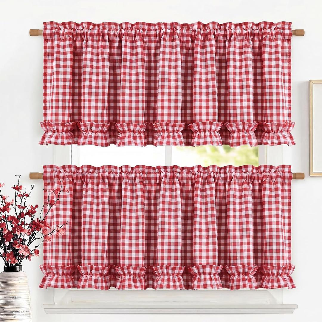 2 Pcs Red Gingham Ruffled Valances for Window Farmhouse Buffalo Checkered Valances Ruffle Rustic French Country Kitchen Curtains with Rod Pocket for Bathroom Cafe 52" W x 18" L