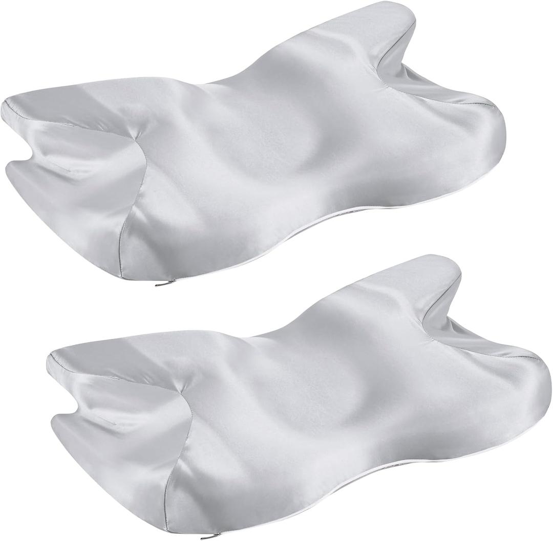 2 Pcs Satin Pillowcase for Cervical Pillow, Gray Silky Cervical Pillow Case Contour Pillow Case Cover with Zipper, Smooth Ergonomic Pillowcase for Neck Pillow Cover, Queen