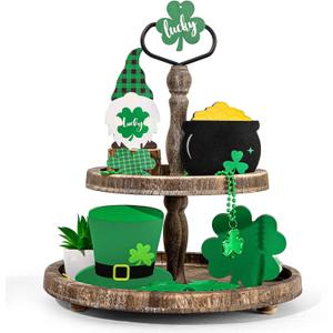 Whaline St. Patrick's Day Tiered Tray Decor Set Including Shamrock Gold Coin Pot Lucky Clover Gnome Green Hat Farmhouse Wood Sign Irish Spring Table Centerpiece for Holiday Party Home Decor, 4Pcs