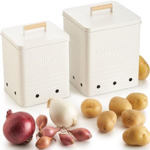 Beautiful Potato and Onion Storage Container Set - Perfectly Sized Spacious Canisters For Your Kitchen Counter Or Pantry - Quality Food Safe Metal Bins Keep Your Produce/Vegetables Fresh Longer (Cream)